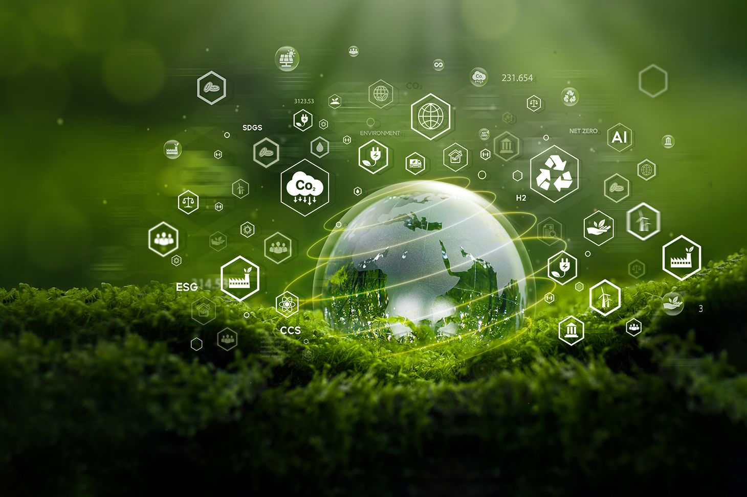 planète avec icônes flottant autour pour illustrer le développement durable 